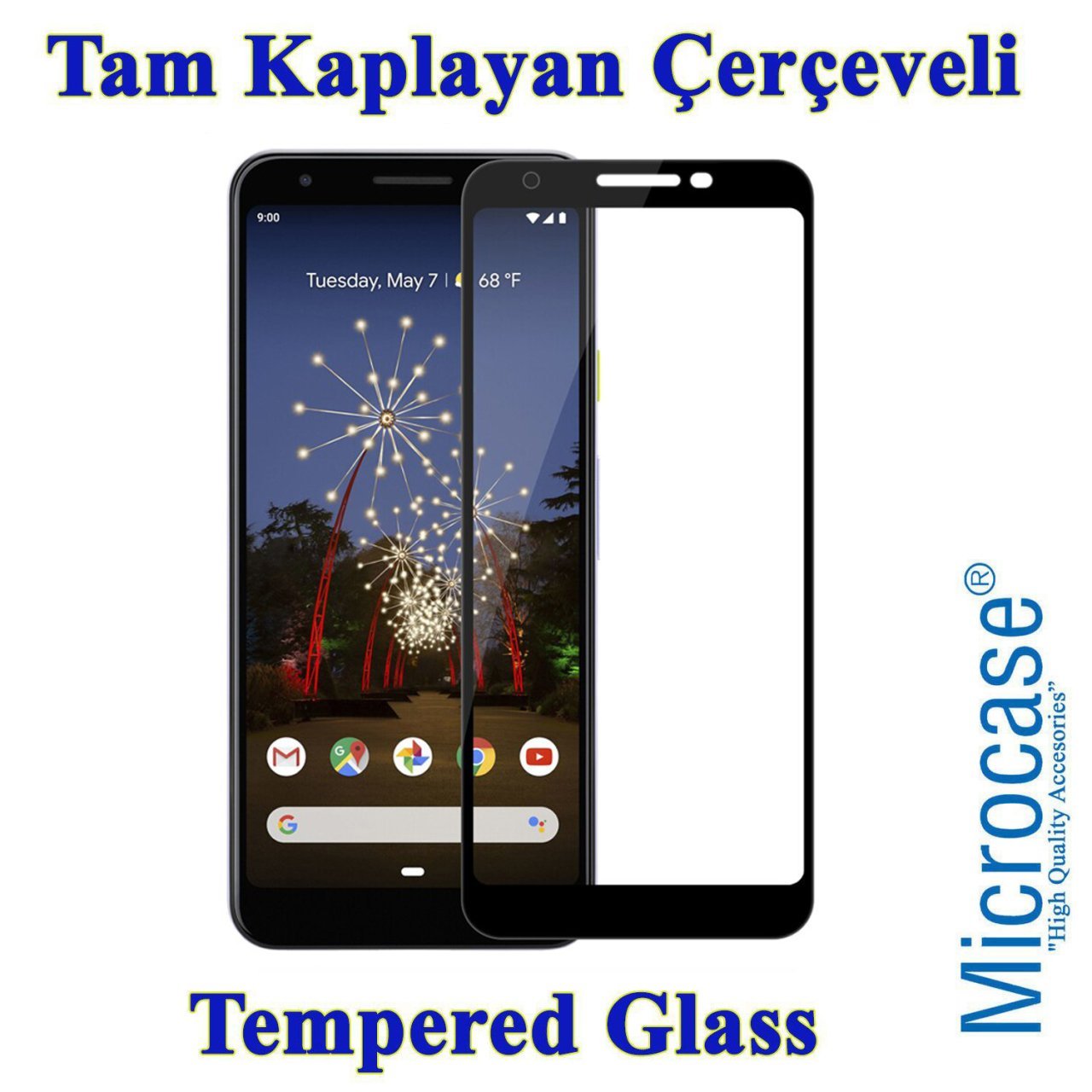Google Pixel 3A XL Tam Kaplayan Çerçeveli Tempered Cam - Siyah