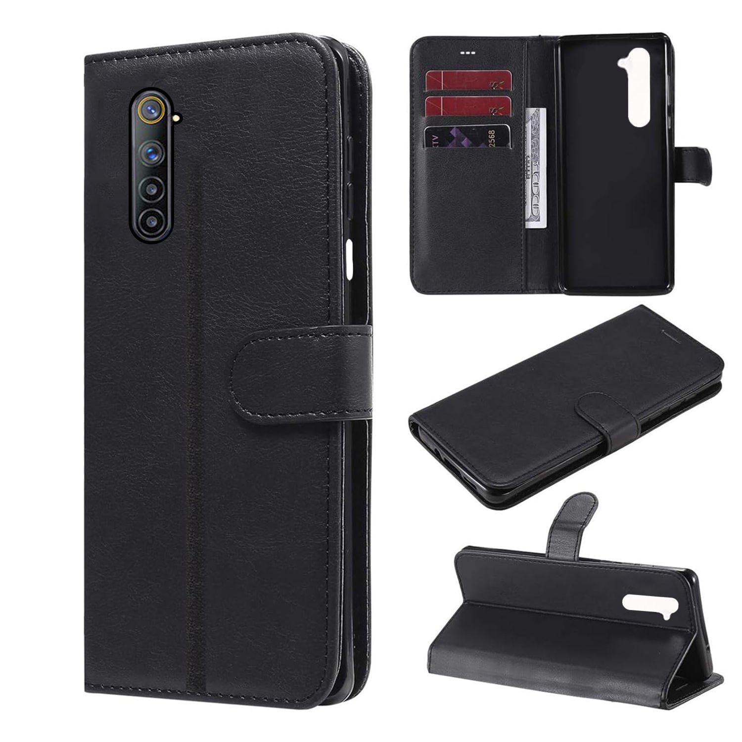 Microcase Realme 6  Darbeye Dayanıklı Cüzdanlı ve Standlı Kapaklı Deri Kılıf Siyah AL4232