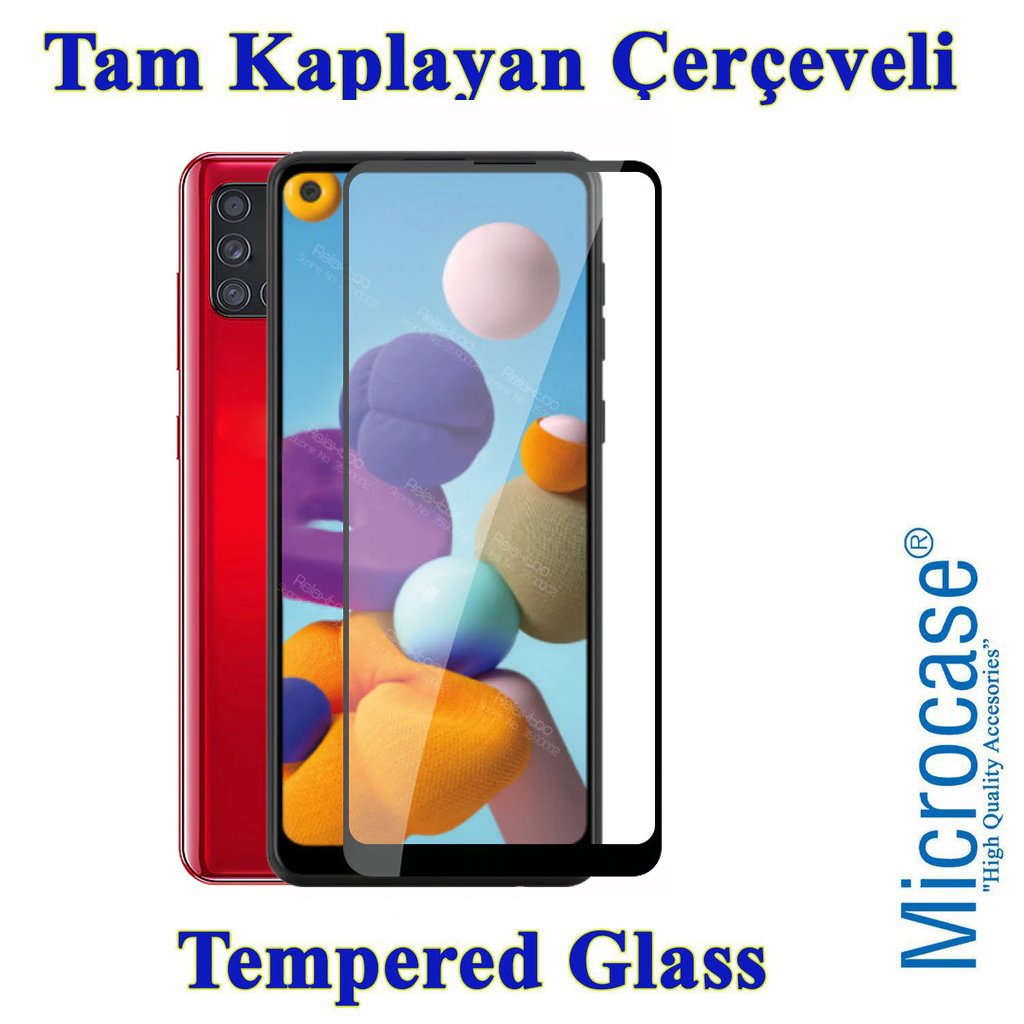 Microcase Samsung A21s Tam Kaplayan Çerçeveli Cam -Siyah