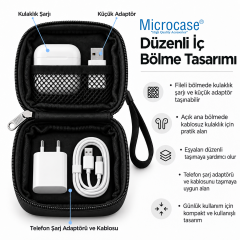 Microcase Suni Deri Fileli İç Bölme Mini Kablo Düzenleyici Kulaklık Şarj Aleti Taşıma Çantası 9x9 CM AL7001