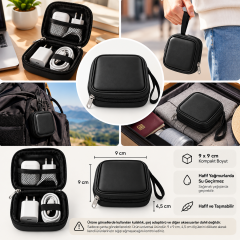 Microcase Suni Deri Fileli İç Bölme Mini Kablo Düzenleyici Kulaklık Şarj Aleti Taşıma Çantası 9x9 CM AL7001