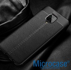 Microcase Xiaomi Redmi Note 9S - Redmi Note 9 Pro - Redmi Note 9 Pro Max Leather Tpu Silikon Kılıf - Siyah + Tempered Glass Cam Koruma