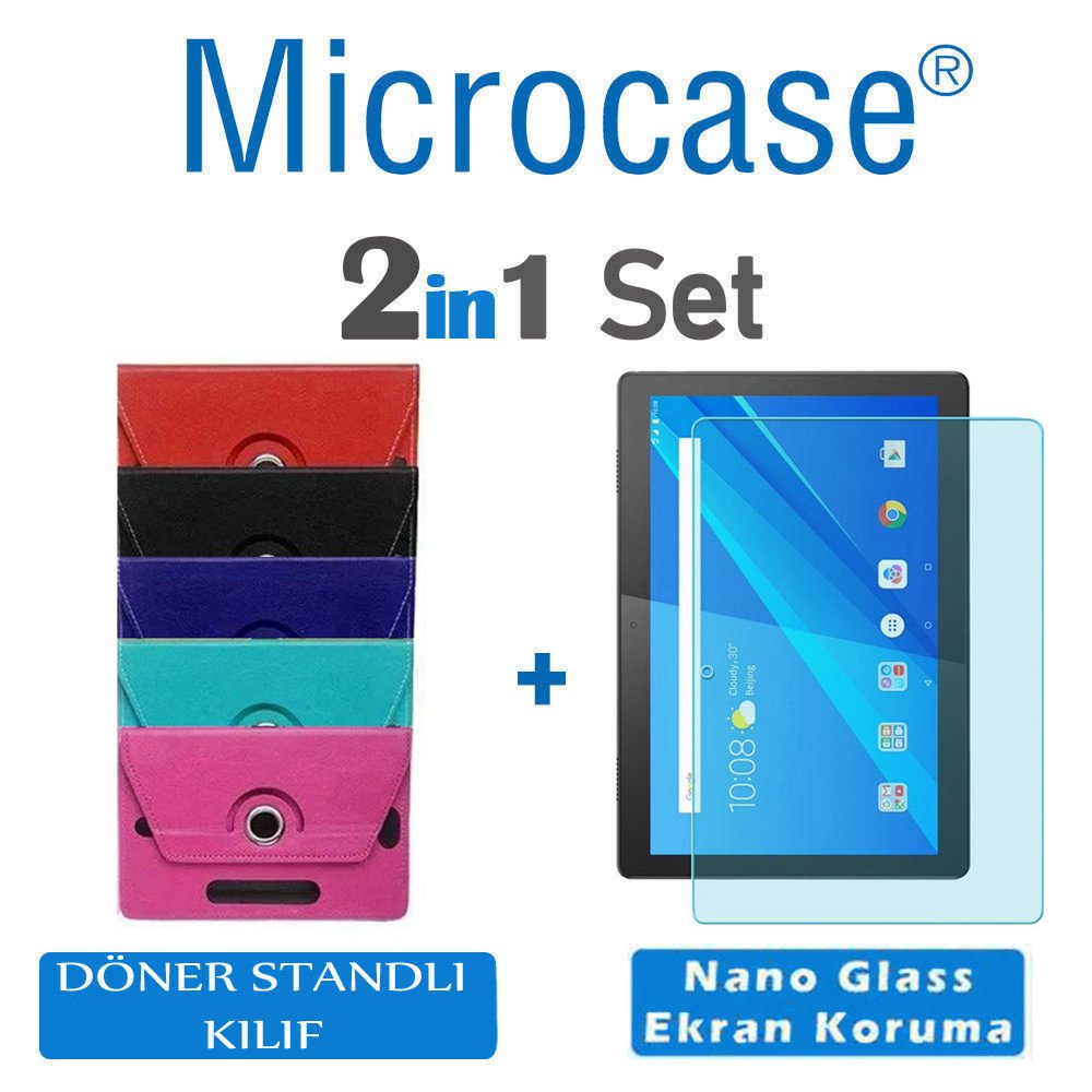 Microcase Lenovo TAB M10 X505F 4G LTE ZA490043TR 10.1 inch Universal Döner Standlı Tablet Kılıfı + Nano Esnek Ekran Koruma Filmi Kırmızı