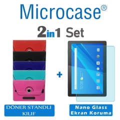 Microcase Lenovo TAB M10 X505F 4G LTE ZA490043TR 10.1 inch Universal Döner Standlı Tablet Kılıfı + Nano Esnek Ekran Koruma Filmi Kırmızı