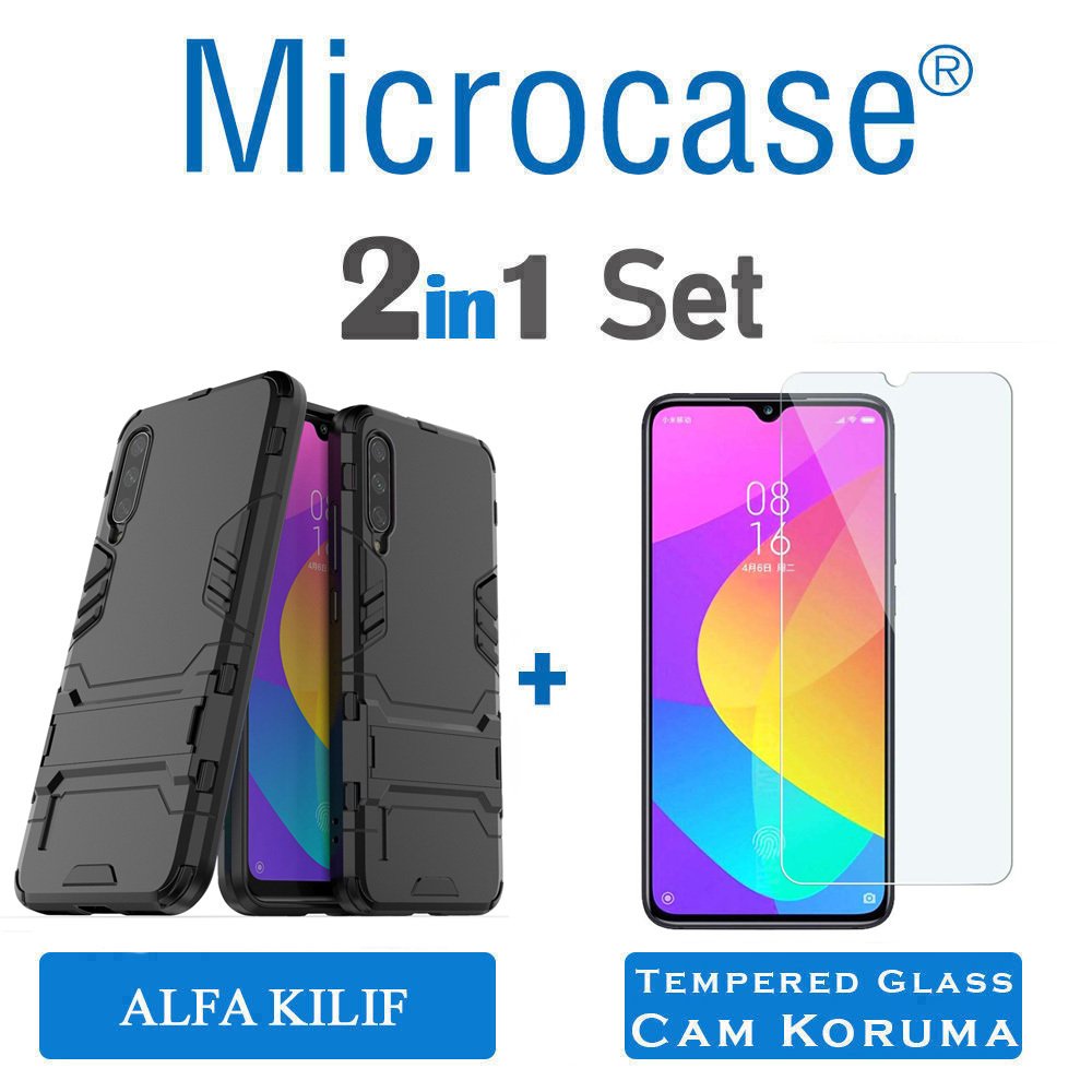 Microcase Xiaomi Mi 9 Lite Alfa Serisi Armor Standlı Perfect Koruma Kılıf + Tempered Glass Cam Koruma (SEÇENEKLİ)