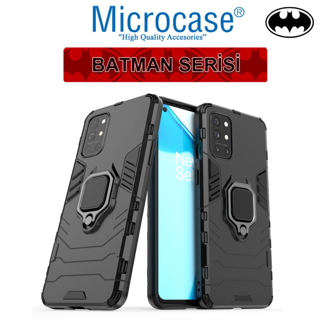 Microcase OnePlus 9R Batman Serisi Yüzük Standlı Armor Kılıf - Siyah