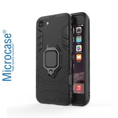 Microcase iPhone SE 2020 Batman Serisi Yüzük Standlı Armor Kılıf - Siyah + Tempered Glass Cam Koruma