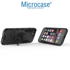 Microcase iPhone SE 2020 Batman Serisi Yüzük Standlı Armor Kılıf - Siyah + Tempered Glass Cam Koruma