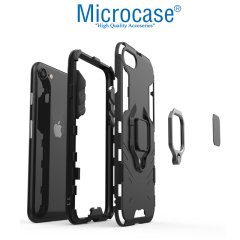 Microcase iPhone SE 2020 Batman Serisi Yüzük Standlı Armor Kılıf - Siyah + Tempered Glass Cam Koruma