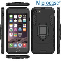 Microcase iPhone SE 2020 Batman Serisi Yüzük Standlı Armor Kılıf - Siyah + Tempered Glass Cam Koruma
