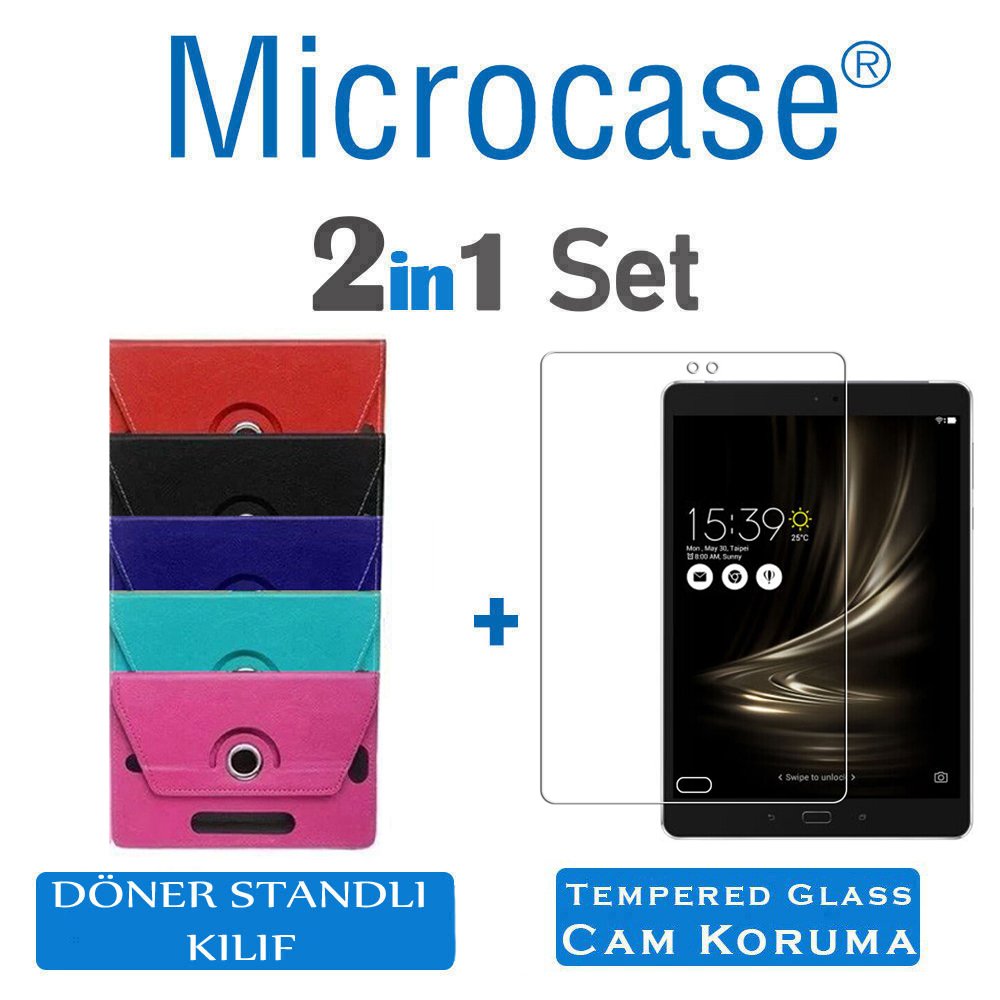 Microcase Asus ZenPad 3S 10 Z500KL 9.7 inch Universal Döner Standlı Tablet Kılıfı + Nano Esnek Ekran Koruma Filmi Kırmızı