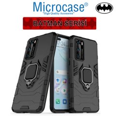 Microcase Huawei P40 Batman Serisi Yüzük Standlı Armor Kılıf - Siyah + Tempered Glass Cam Koruma