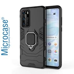 Microcase Huawei P40 Batman Serisi Yüzük Standlı Armor Kılıf - Siyah + Tempered Glass Cam Koruma