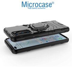 Microcase Huawei P40 Batman Serisi Yüzük Standlı Armor Kılıf - Siyah + Tempered Glass Cam Koruma