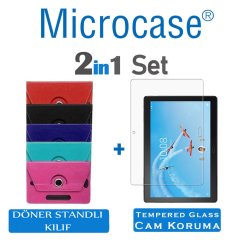 Microcase Lenovo Tab 4 10 Plus TB-X704F 10.1 Universal Döner Standlı Tablet Kılıfı + Tempered Glass Cam Koruma