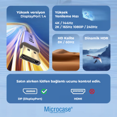 Microcase Type-C to DP(Displayport) Kablo 8K 60hz / 4K 120hz / 2K 165hz Görüntü Aktarıcı Kablo 2 Metre - AL5777