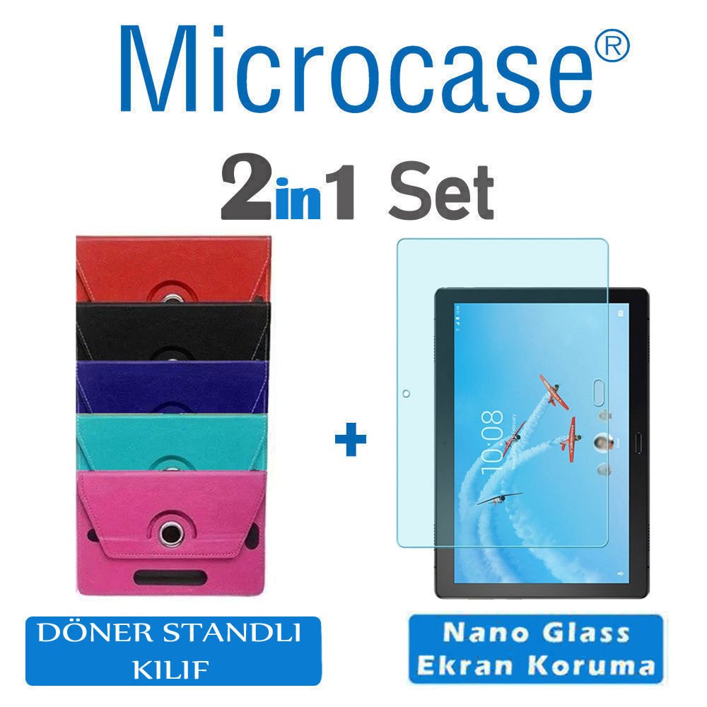 Microcase Lenovo Tab 4 10 Plus TB-X704F 10.1 Universal Döner Standlı Tablet Kılıfı + Nano Esnek Ekran Koruma Filmi