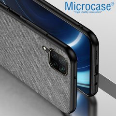 Microcase Huawei P40 Lite Fabrik Serisi Kumaş ve Deri Desen Kılıf - Gri + Tempered Glass Cam Koruma