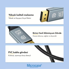Microcase Ultra HD 4K 1.2 (DP) DisplayPort to DisplayPort Kablo Yüksek Hız 21.6 Gbps Görüntü Aktarıcı Kablo 3 Metre - AL5738