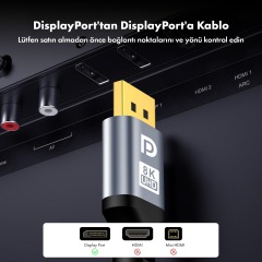 Microcase Ultra HD 8K 1.4 (DP) DisplayPort to DisplayPort Kablo Yüksek Hız 32.4Gbps Görüntü Aktarıcı Kablo 3 Metre - AL5730