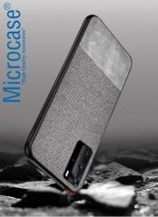 Microcase Huawei P40 Pro Fabrik Serisi Kumaş ve Deri Desen Kılıf - Gri