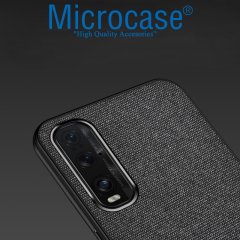 Microcase Oppo Find X2 Fabrik Serisi Kumaş ve Deri Desen Kılıf - Siyah + Tempered Glass Cam Koruma