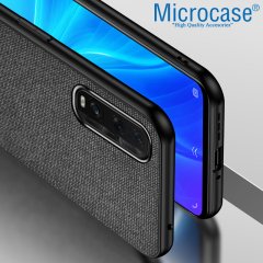 Microcase Oppo Find X2 Fabrik Serisi Kumaş ve Deri Desen Kılıf - Siyah + Tempered Glass Cam Koruma