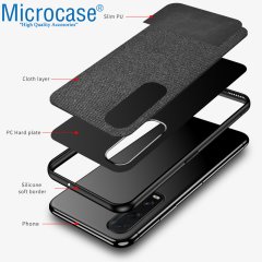 Microcase Oppo Find X2 Fabrik Serisi Kumaş ve Deri Desen Kılıf - Siyah + Tempered Glass Cam Koruma