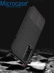 Microcase Oppo Find X2 Fabrik Serisi Kumaş ve Deri Desen Kılıf - Siyah + Tempered Glass Cam Koruma