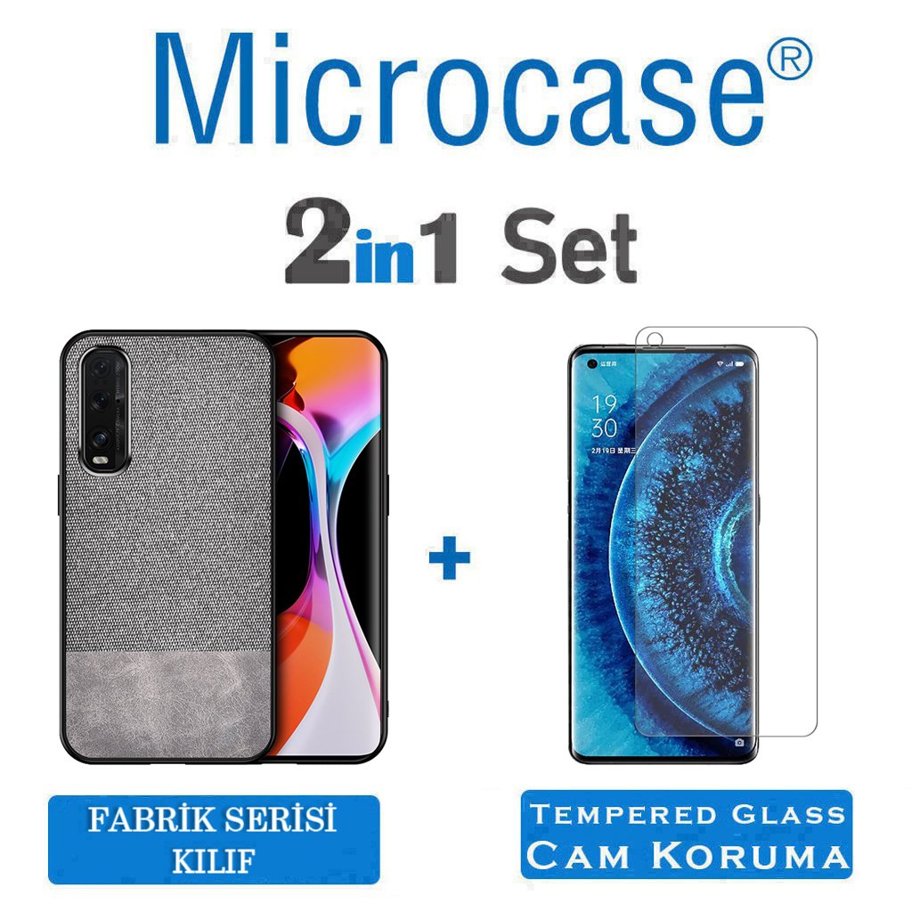 Microcase Oppo Find X2 Fabrik Serisi Kumaş ve Deri Desen Kılıf - Gri + Tempered Glass Cam Koruma