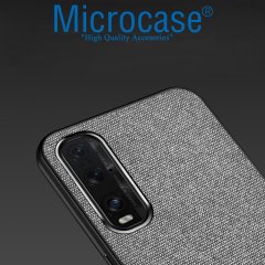 Microcase Oppo Find X2 Fabrik Serisi Kumaş ve Deri Desen Kılıf - Gri + Tempered Glass Cam Koruma