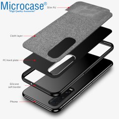 Microcase Oppo Find X2 Fabrik Serisi Kumaş ve Deri Desen Kılıf - Gri + Tempered Glass Cam Koruma