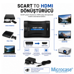 Microcase SCART to HDMI Dönüştürücü 1080P Adaptör Güç Adaptörlü HDMI Çevirici AL5746
