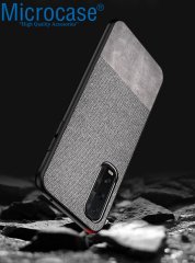 Microcase Oppo Find X2 Fabrik Serisi Kumaş ve Deri Desen Kılıf - Gri + Tempered Glass Cam Koruma