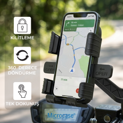 Microcase Motosiklet Telefon Tutucu - Ayna Bağlantılı, 360° Dönebilen Tek Tık Kilitlemeli Sarsıntı Önleyici - AL5743