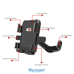 Microcase Motosiklet Telefon Tutucu - Ayna Bağlantılı, 360° Dönebilen Tek Tık Kilitlemeli Sarsıntı Önleyici - AL5743