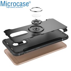 Microcase Xiaomi Redmi K30 Yüzük Standlı Armor Silikon Kılıf - Siyah + Tempered Glass Cam Koruma
