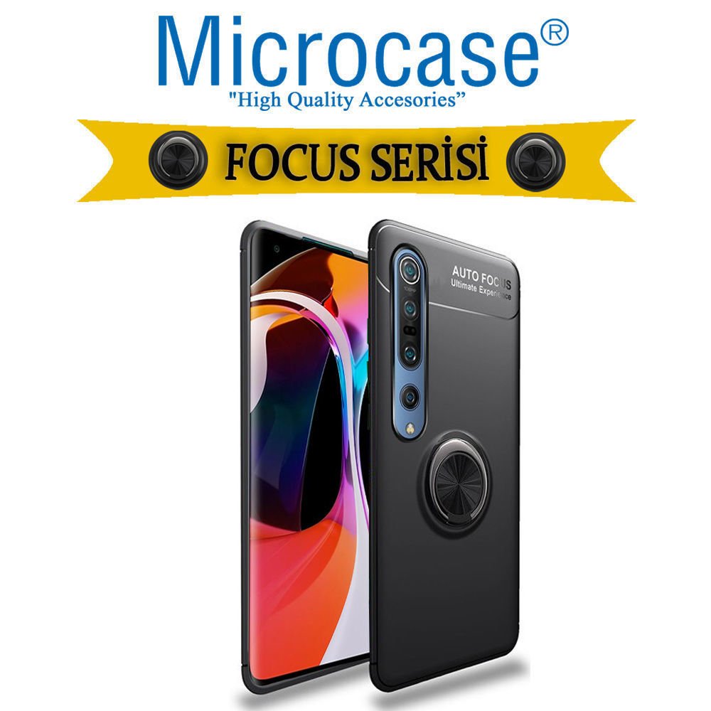 Microcase Xiaomi Mi 10 Pro Focus Serisi Yüzük Standlı Silikon Kılıf - Siyah
