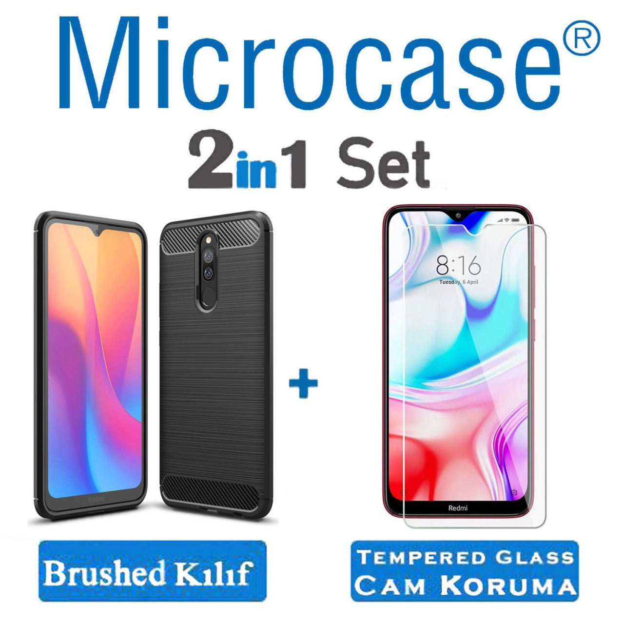 Microcase Xiaomi Redmi 8 Brushed Carbon Fiber Silikon Kılıf - Siyah + Tempered Glass Cam Koruma