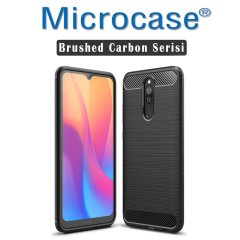 Microcase Xiaomi Redmi 8 Brushed Carbon Fiber Silikon Kılıf - Siyah + Tempered Glass Cam Koruma