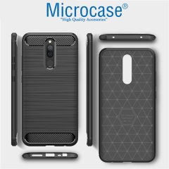 Microcase Xiaomi Redmi 8 Brushed Carbon Fiber Silikon Kılıf - Siyah + Tempered Glass Cam Koruma