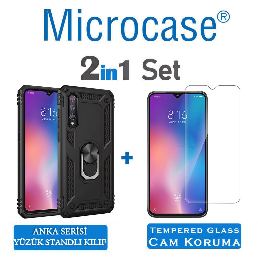 Microcase Xiaomi Mi 9 Explorer Anka Serisi Yüzük Standlı Armor Kılıf Siyah + Tempered Glass Cam Koruma (SEÇENEKLİ) Tempered Glass İstemiyorum