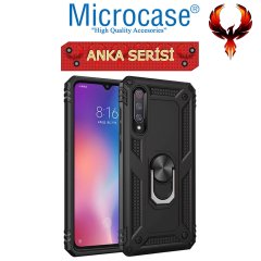 Microcase Xiaomi Mi 9 Explorer Anka Serisi Yüzük Standlı Armor Kılıf Siyah + Tempered Glass Cam Koruma (SEÇENEKLİ) Tempered Glass İstemiyorum