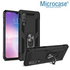 Microcase Xiaomi Mi 9 Explorer Anka Serisi Yüzük Standlı Armor Kılıf Siyah + Tempered Glass Cam Koruma (SEÇENEKLİ) Tempered Glass İstemiyorum