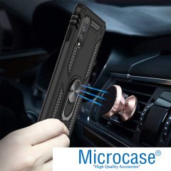 Microcase Xiaomi Mi 9 Explorer Anka Serisi Yüzük Standlı Armor Kılıf Siyah + Tempered Glass Cam Koruma (SEÇENEKLİ) Tempered Glass İstemiyorum
