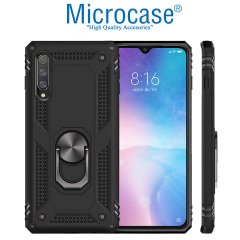 Microcase Xiaomi Mi 9 Explorer Anka Serisi Yüzük Standlı Armor Kılıf Siyah + Tempered Glass Cam Koruma (SEÇENEKLİ) Tempered Glass İstemiyorum