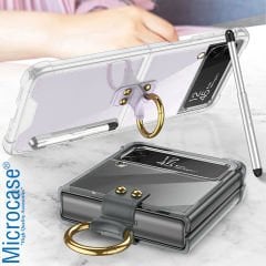Microcase Samsung Galaxy Z Flip4 Parmak Tutuculu Kalemli Köşe Korumalı Kılıf - AL3162 Füme