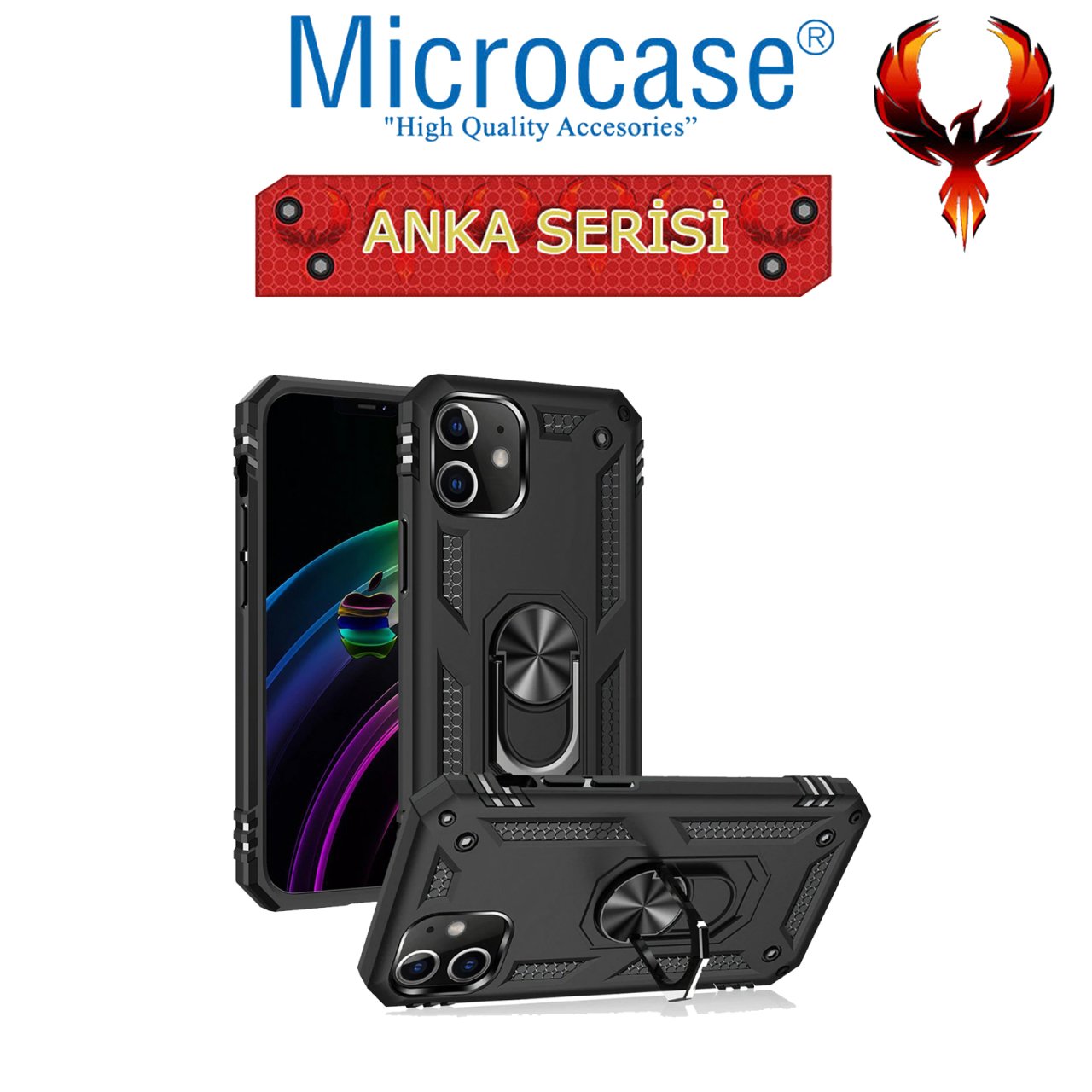 iPhone 12 Anka Serisi Yüzük Standlı Kılıf -Siyah