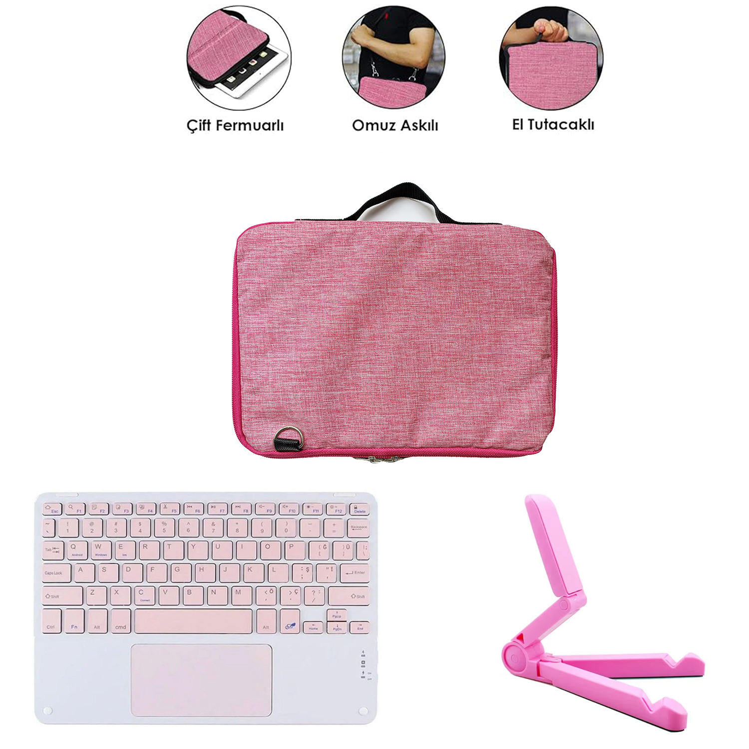 Microcase Apple iPad 10.2 inch Tablet ile Uyumlu Toucpad Bluetooth Klavye + Tablet Standı - Pembe AL5194