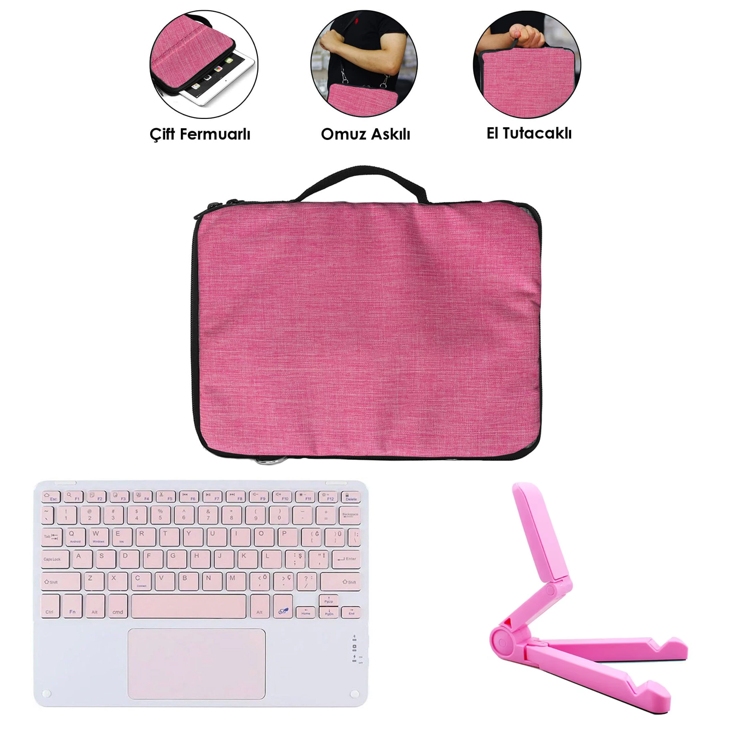Microcase Apple iPad 10.2 inch Tablet ile Uyumlu Toucpad Bluetooth Klavye + Tablet Standı - Pembe AL5194